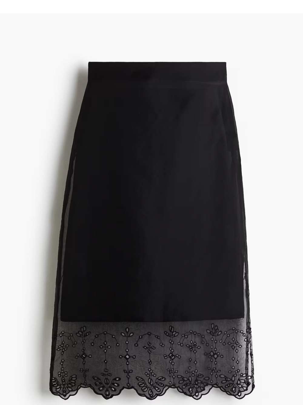 H&M Black Midi Skirt with Embroidered Sheer Hem